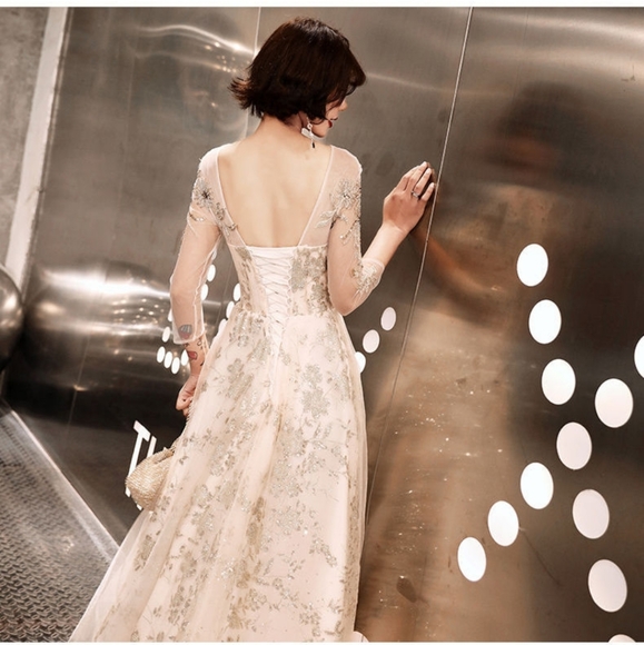 Champagne Sequined 3/4 Sleeve Gown